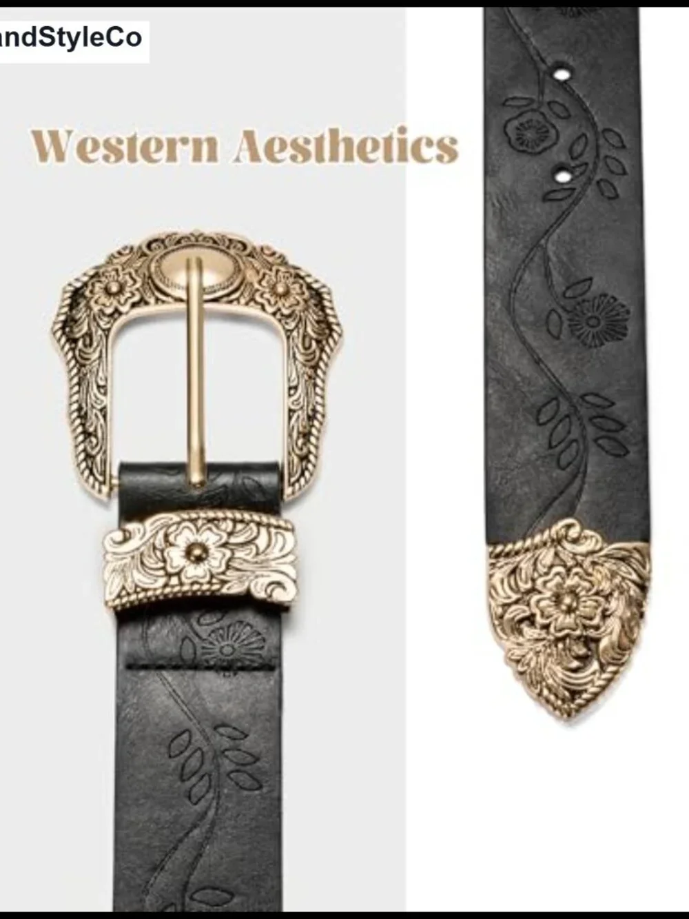 Women's Western Belt with Floral Embossed Gold Buckle PU Leather